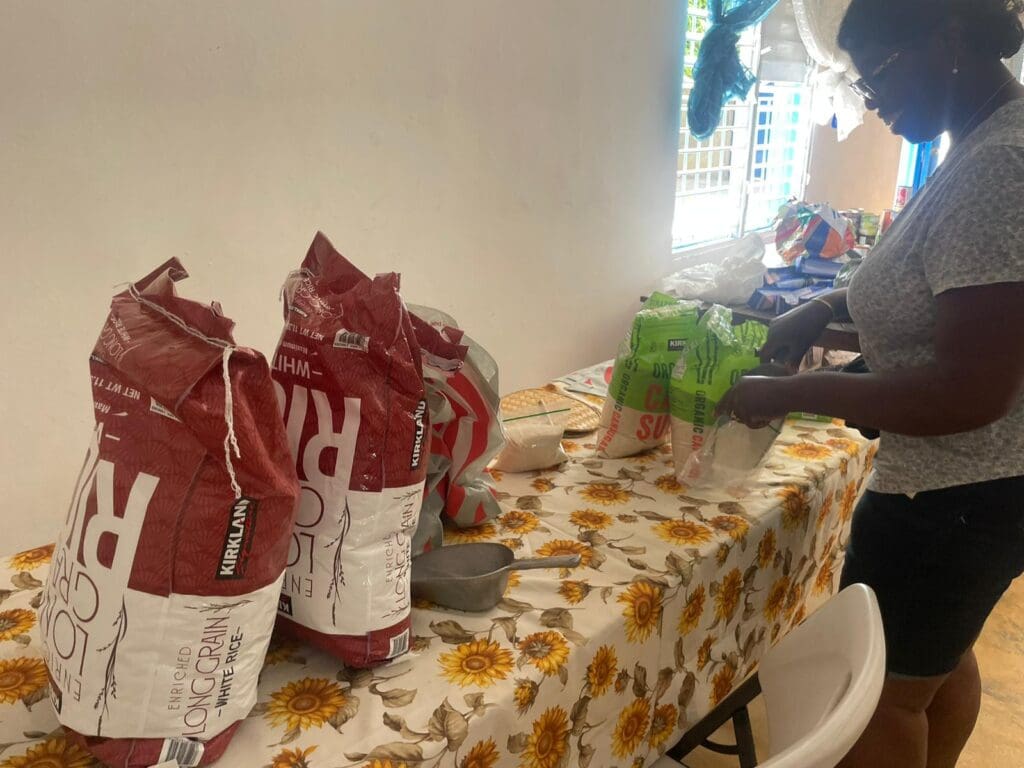 A table with bags of food on it